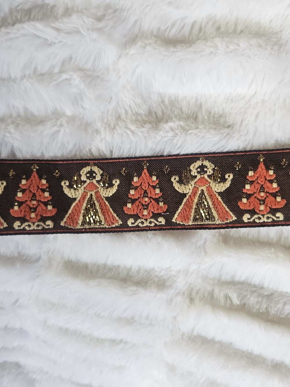 Vintage Embroidered European Holiday Ribbon in Brown, Gold & Orange